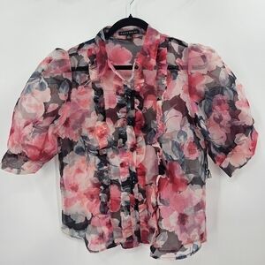 Haute Monde Sheer Floral Ruffle Blouse Pink‎ Black Puff Sleeve Top L